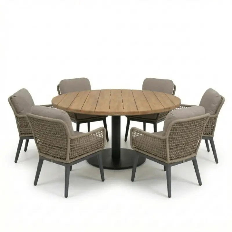 Express Levering Salora antraciet/Mila beige/antraciet low dining tuinset | 6 personen | teakhout + touw | 150cm