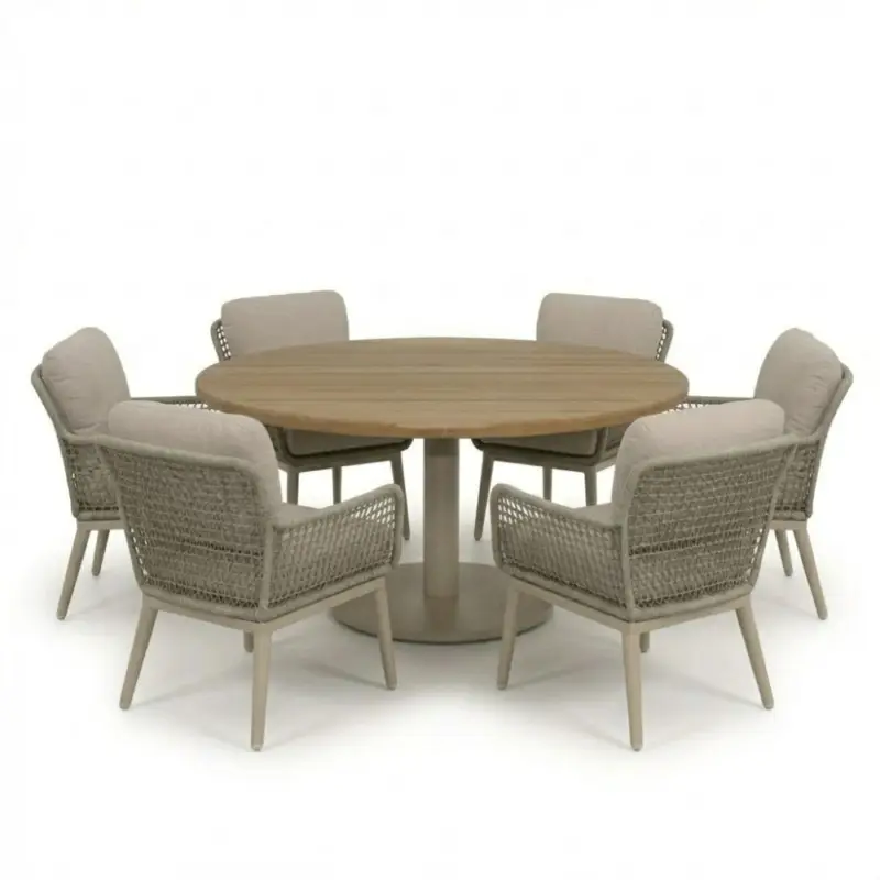 Merkproduct Salora beige/Mila beige low dining tuinset | 6 personen | teakhout + touw | 150cm