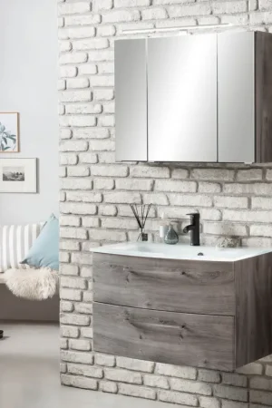 Aanbieding Badkamercombinatie Stivan 2-delig met witte wastafel - grijze eik