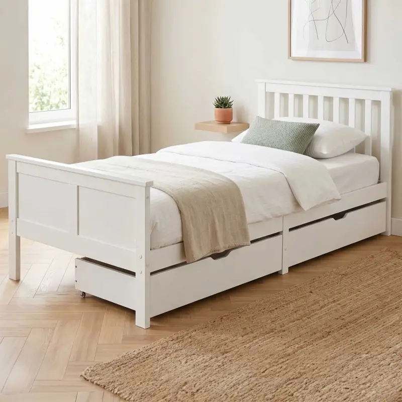 Eenpersoonsbed Rover - 90x200cm - met opberglades - massief dennenhout - wit Favoriet