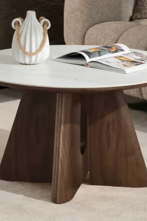 Hoge Kwaliteit Salontafel Luna - Ø80x46cm - keramiek - walnootfineer/marmer