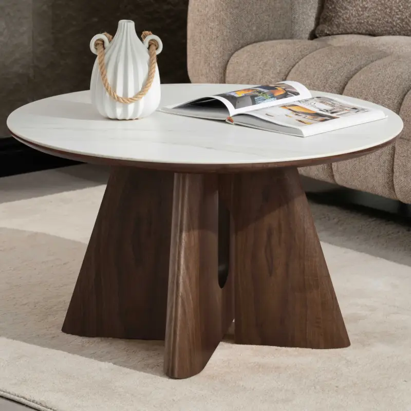 Hoge Kwaliteit Salontafel Luna - Ø80x46cm - keramiek - walnootfineer/marmer