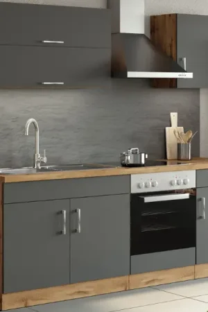 Rechtstreeks Van De Fabrikant Kitchenette Sorrella 210cm met ruimte voor oven - antraciet/eik