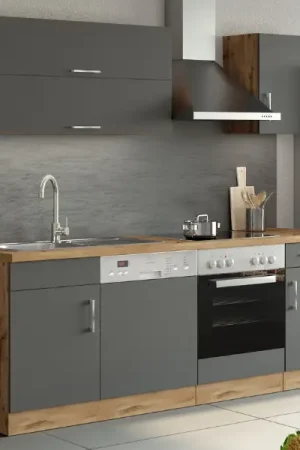 Kitchenette Sorrella 210cm met ruimte voor vaatwas en oven - antraciet/eik Gereduceerde Prijs