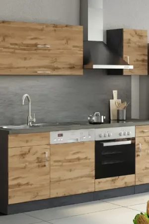 Seizoensaanbieding Kitchenette Sorrella 210cm met ruimte voor vaatwas en oven - eik/grafiet