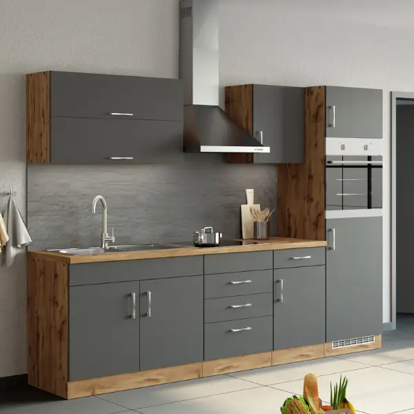 Tijdelijk Beschikbaar Kitchenette Sorrella 270cm met ruimte voor oven en koelkast - antraciet/eik