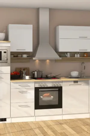 Voordeelprijs Kitchenette Ragnar 280cm met ruimte voor magnetron, koelkast, oven en vaatwas - hoogglans wit