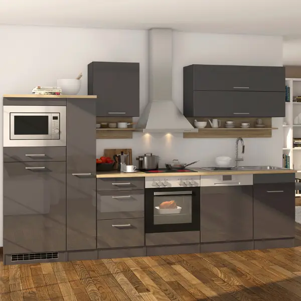 Alleen Vandaag Kitchenette Ragnar 310cm met ruimte voor magnetron, koelkast, oven en vaatwas - hoogglans antraciet