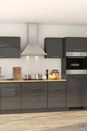 Voordeelprijs Kitchenette Ragnar 350cm met ruimte voor koelkast-diepvries en oven - hoogglans antraciet