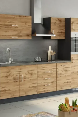 Beperkte Voorraad Kitchenette Sorrella 270cm met oven en koelkast - eik/grafiet