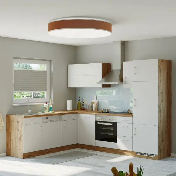 Actieprijs Kitchenette L-vorm Sorrella 270cm met oven, vaatwas en koelkast - wit/eik