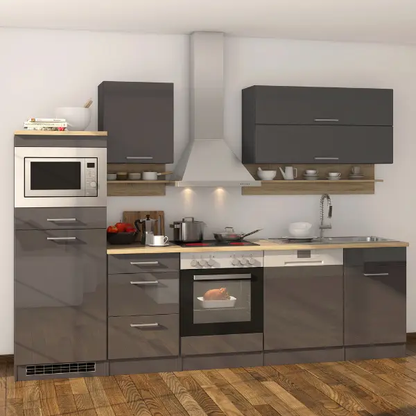 Finale Uitverkoop Kitchenette Ragnar 280cm met magnetron, koelkast, oven en vaatwas - hoogglans antraciet