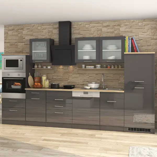 Must-Have Kitchenette Ragnar 340cm met oven, microgolf, vaatwas en koelkast - hoogglans antraciet