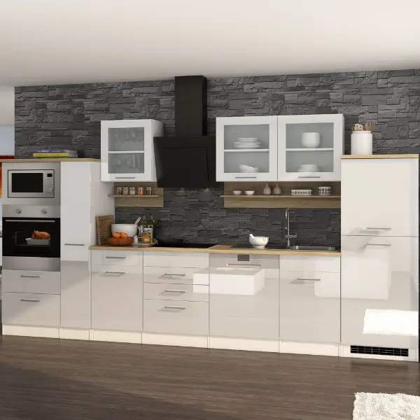 Uitverkoop Kitchenette Ragnar 370cm met oven, microgolf, vaatwas en koelkast - hoogglans wit