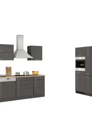 Betaalbaar Kitchenette Ragnar 390cm met koelkast-diepvries, oven en vaatwas - hoogglans antraciet