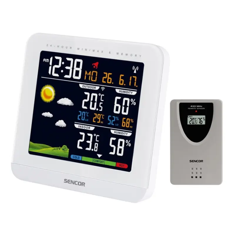 Sencor - Weerstation met kleurenscherm en wekker 3xAAA + 2xAAA wit Favoriet