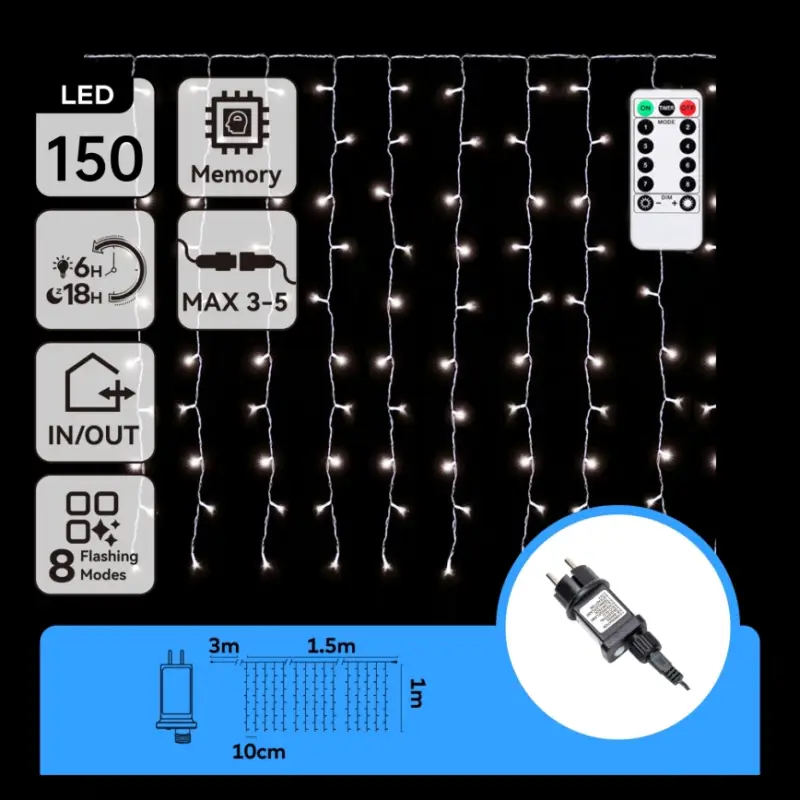 Aigostar - LED-lichtsnoer voor buiten 150xLED/6W/230V/8 functies 1,5x1m IP44 koud wit + afstandsbediening Exclusieve Aanbieding