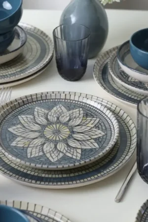 Dinerset 24-delig, blauw/crème/steengoed Direct Verzonden