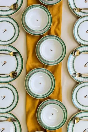 24-delig servies, wit/groen/goud, keramiek Beperkt Aanbod