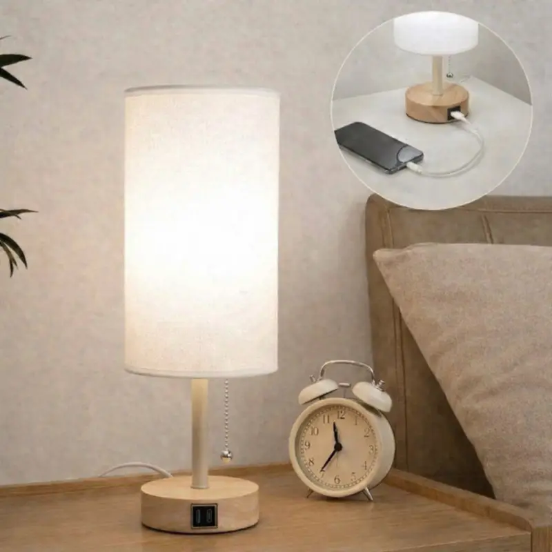 Brilagi - Tafellamp met USB-poort TABLON 1xE27/25W/230V eiken/beige/wit Premium