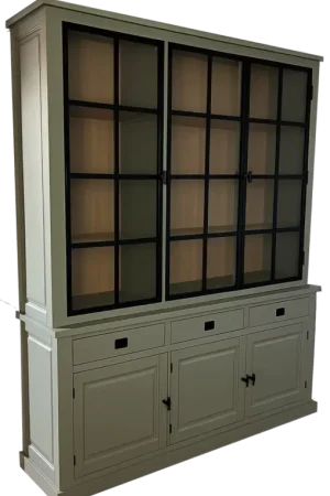 Actieprijs Buffetkast Soest Engels groen met stalen deuren en eiken interieur 200 x 240cm