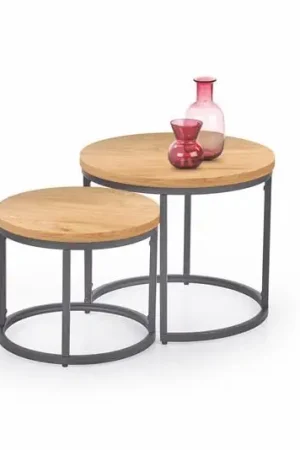 Weekendaanbieding Salontafel 2-delige set Oreo Rond Bruin Goud Eiken 53/43cm met zwart onderstel